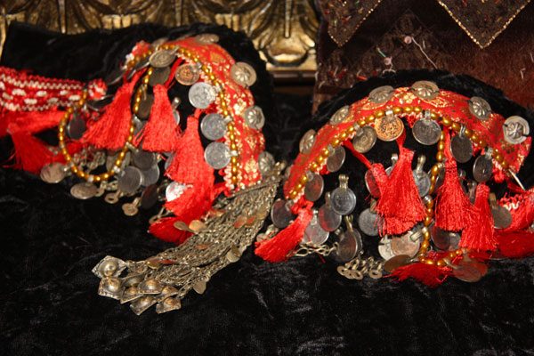 Ashwarya Black Tribal Belly Dance Bra & Belt Set with Coins & Red Tassels